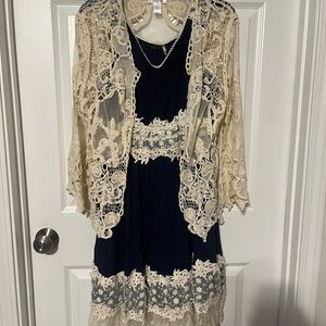 Navy Dress with Cream Lace Overlay